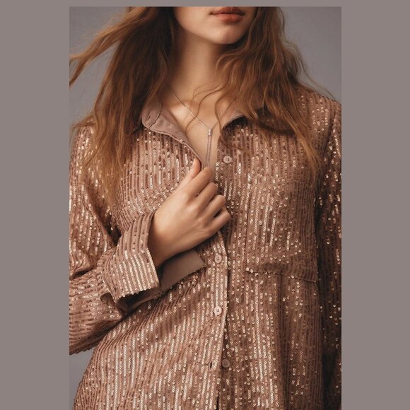 NWOT Anthropologie The Remie Sequin Buttondown Brown XS - Picture 3 of 6